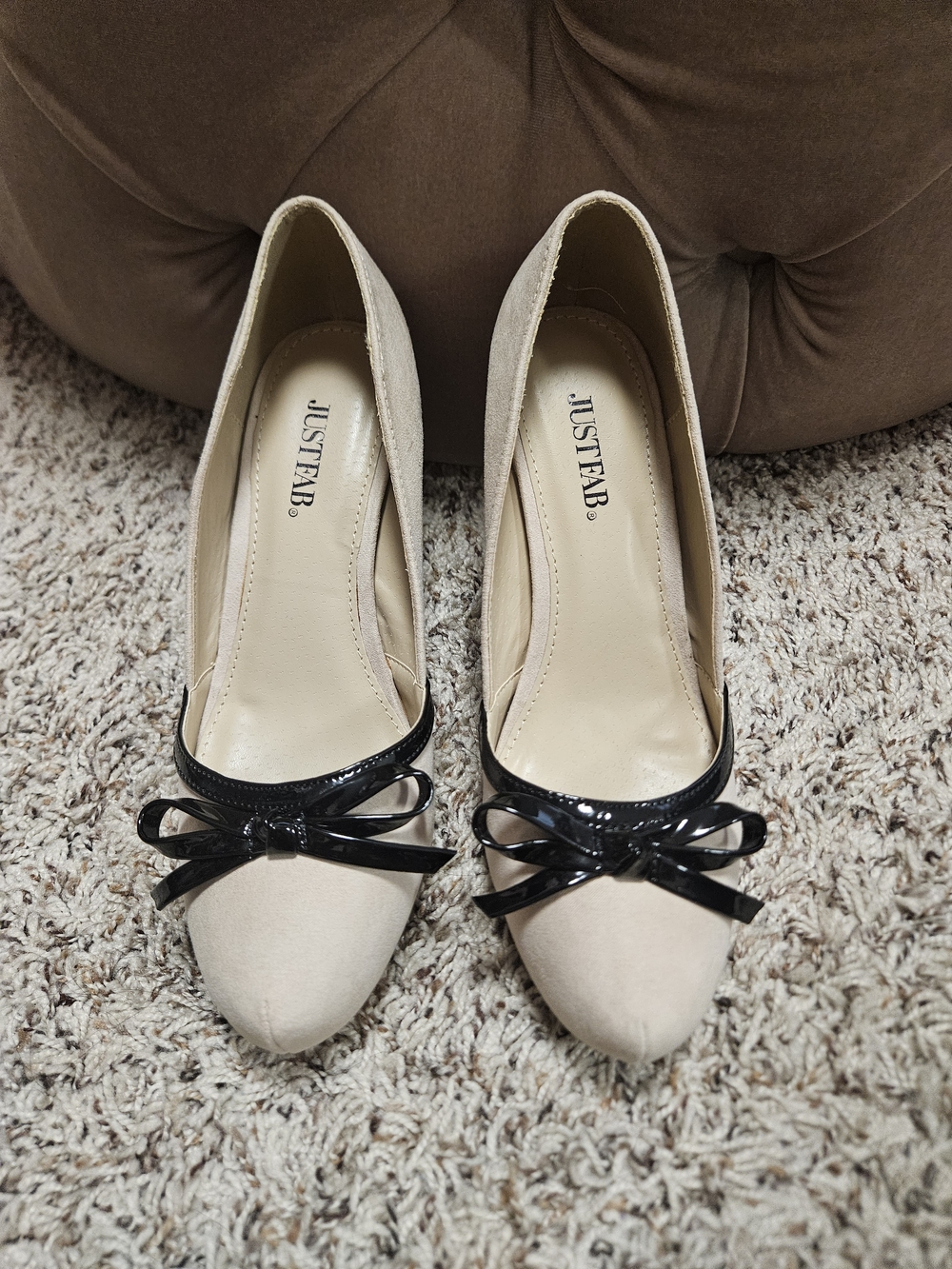 JustFab Beige Pointed Pumps with Black Patent Bow